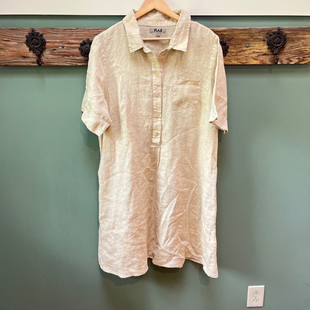 FLAX Womens Linen Short Sleeve Shirt Dress Beige Oatmeal Collared Tunic Large